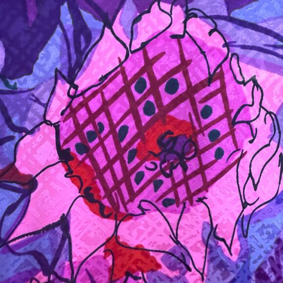 Whimsical Silk Scarf Vintage Ken Scott Surrealism Floral Pink Purple Black Retro - Picture 10 of 10